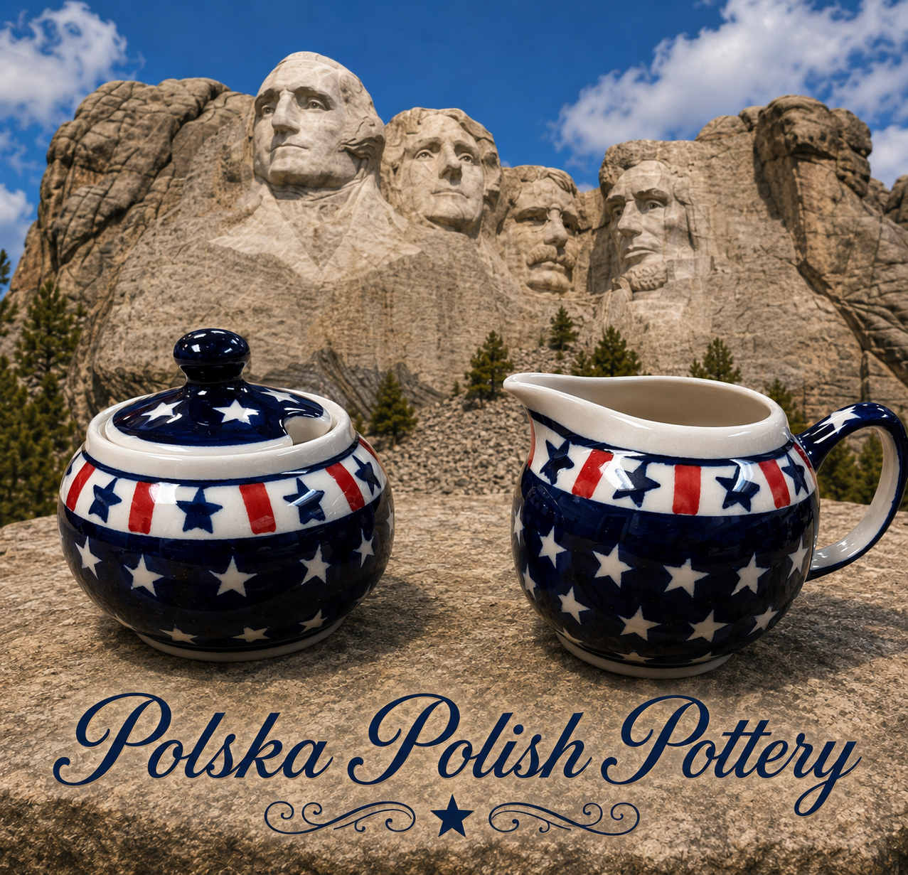 Polish Pottery Stars & Stripes Sugar/Creamer