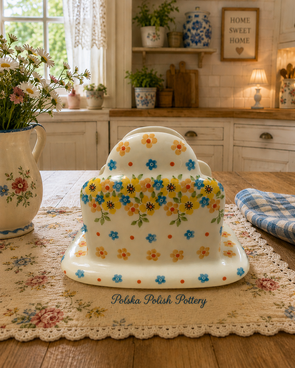 Polish Pottery Napkin Holder - Traditional Yellow Flowers