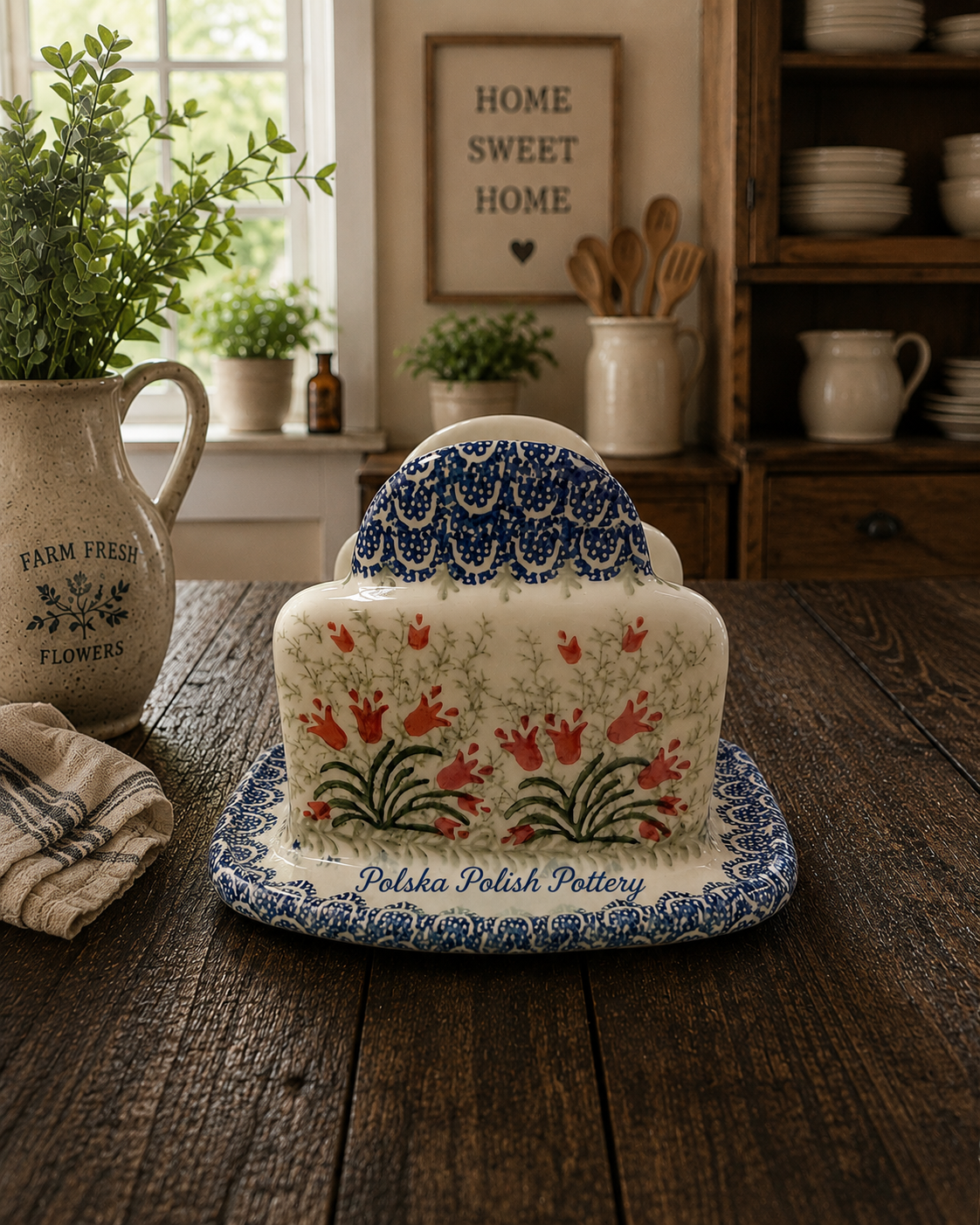 Polish Pottery Napkin Holder - Traditional Red Tulips