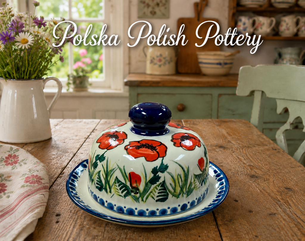 Polish Pottery Traditional Poppies Round Butter Dish