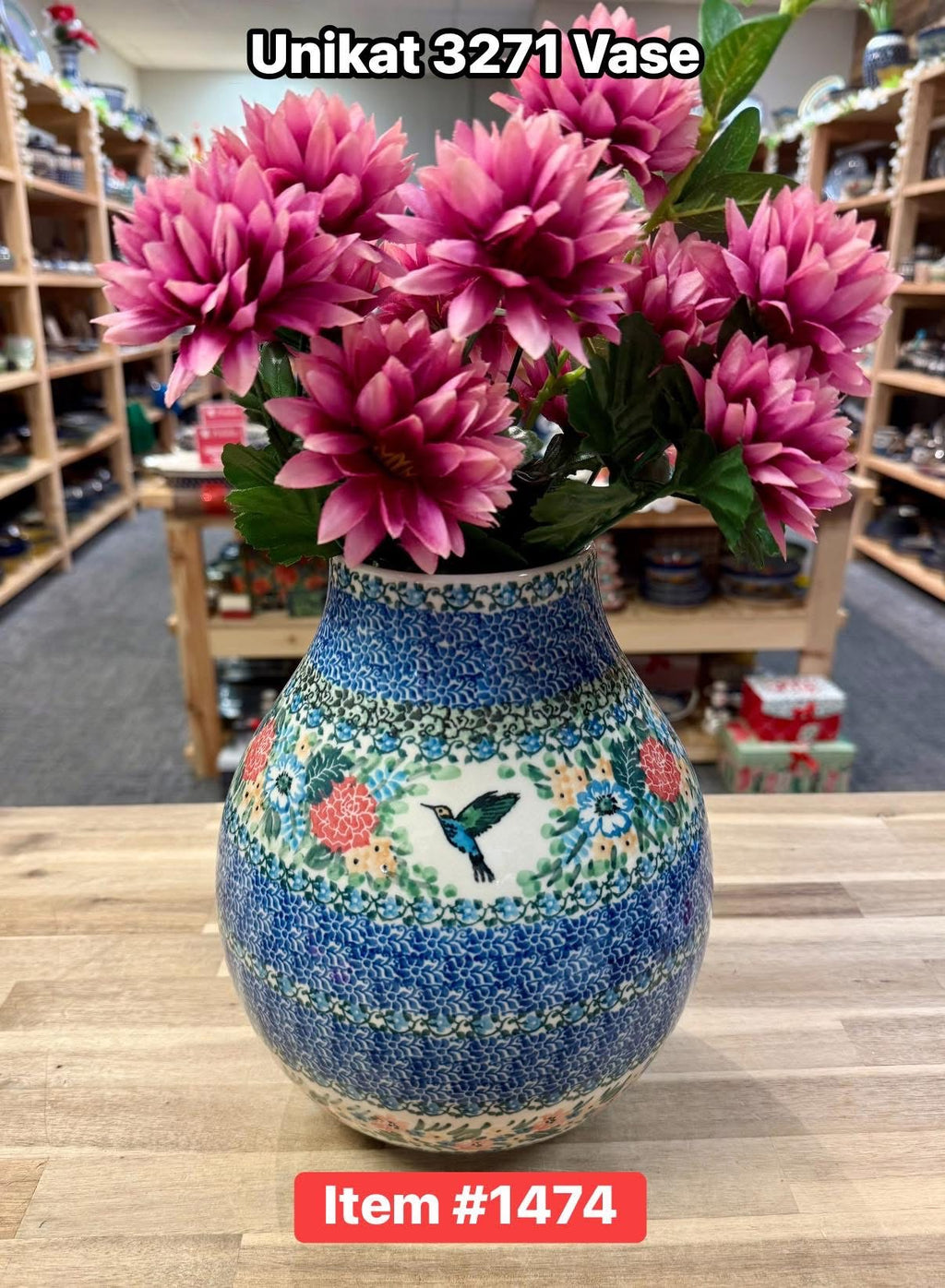 Polish Pottery Unikat 3271(Hummingbird)Bulb Vase