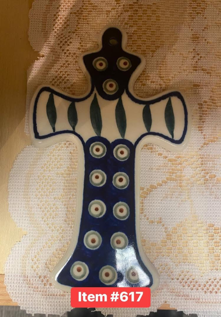Polish Pottery Traditional Peacock Cross