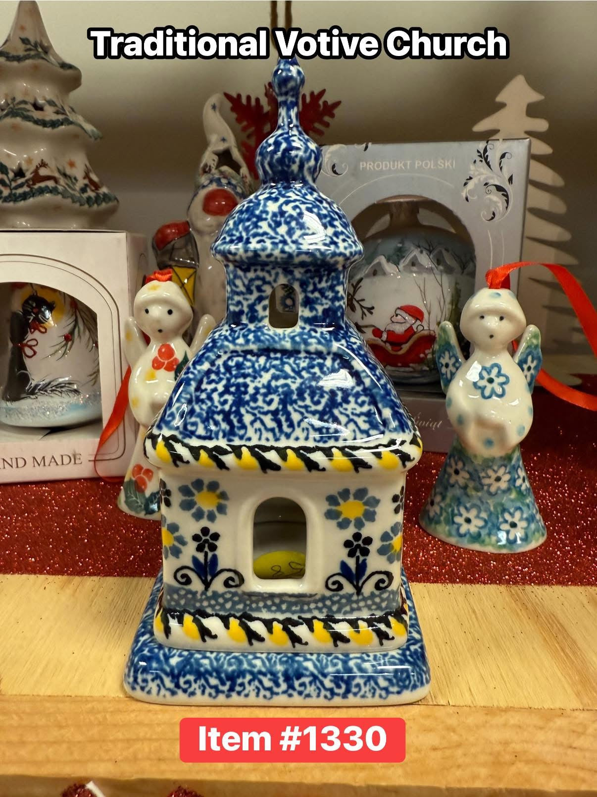 Polish Pottery Traditional(Blu/Yellow) Votive Church