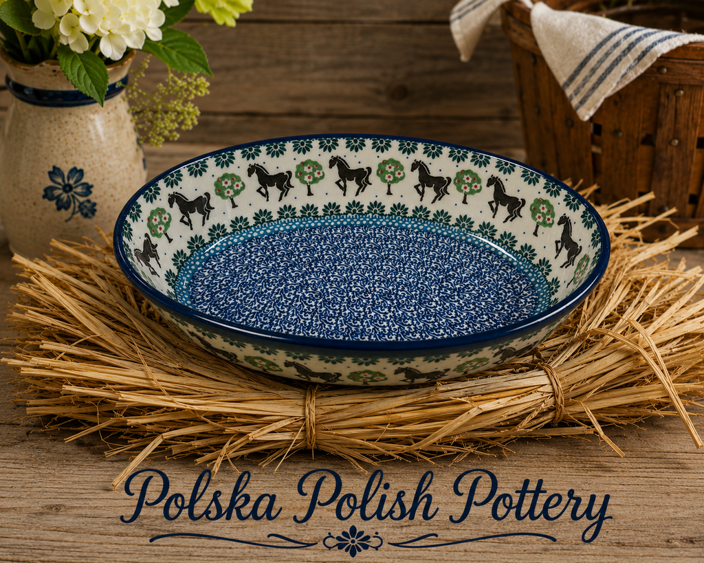 Polish Pottery Oval Baker - Traditional Horse