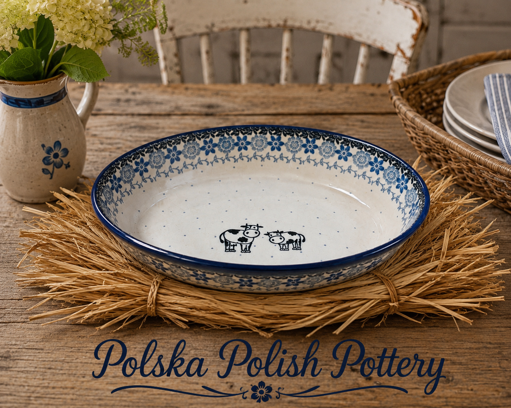 Polish Pottery Oval Baker - Traditional Cow