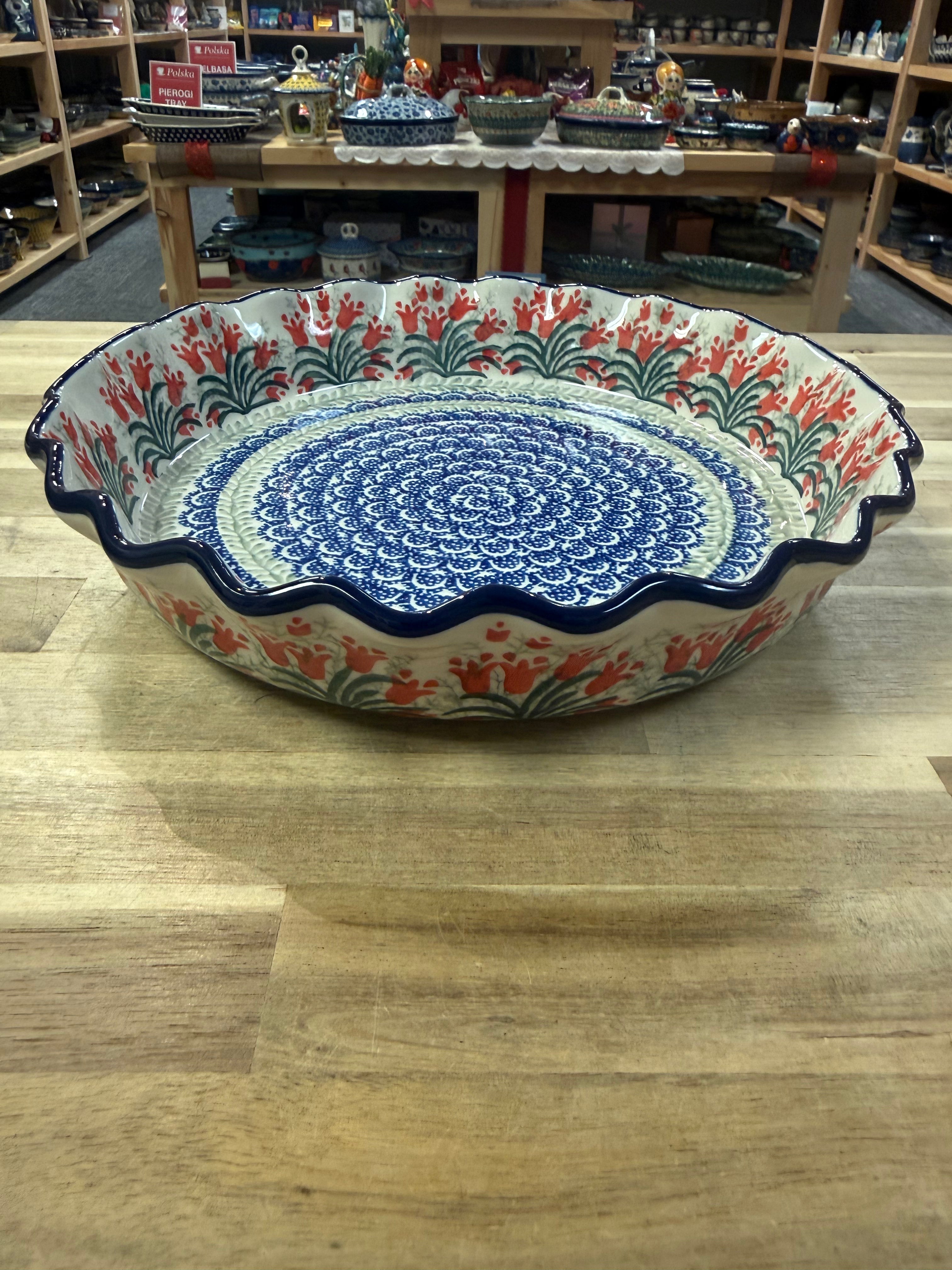 Polish Pottery Pie Plate - Traditional Red Tulips