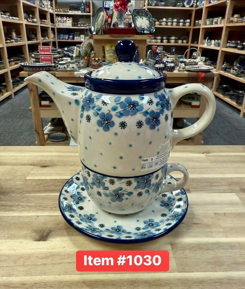 Polish Pottery Traditional(Blue&White Flowers) Tea For One Set