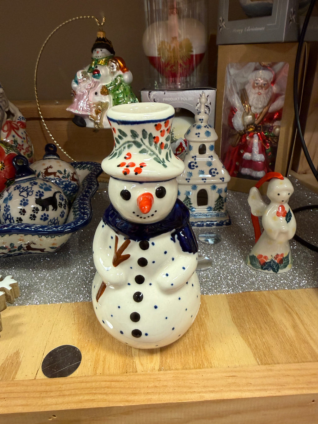 Polish Pottery Snowman Candleholder Figurine