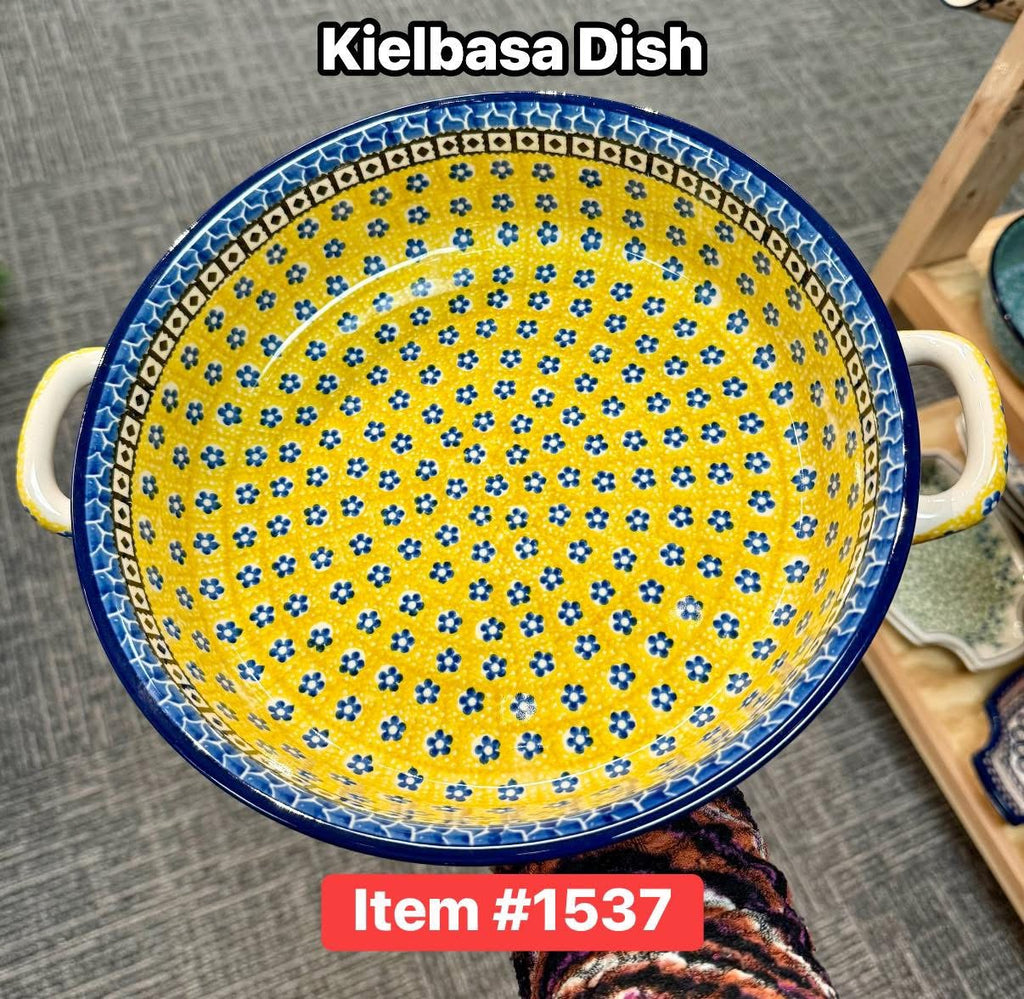 Polish Pottery Kielbasa Dish - Traditional Yellow/Blue