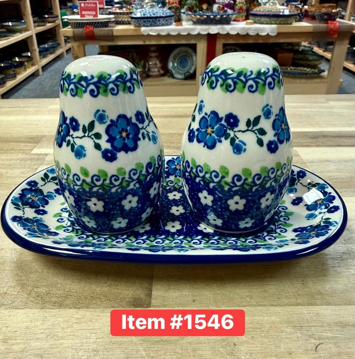 Polish Pottery Traditional(Blue Flower Vine) Salt & Pepper Set