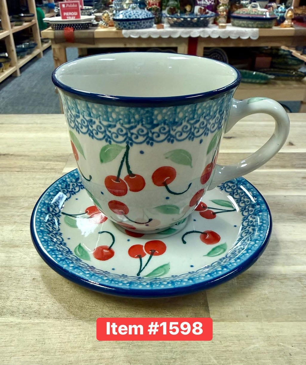 Polish Pottery Traditional(Cherries) Teacup & Saucer