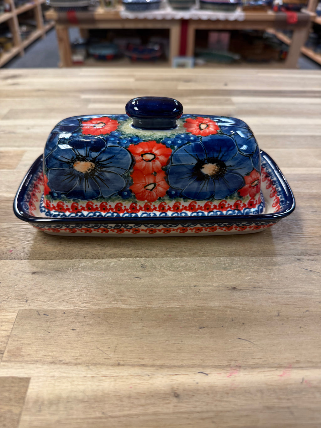 Polish Pottery Butter Dish - Unikat Blue Poppies