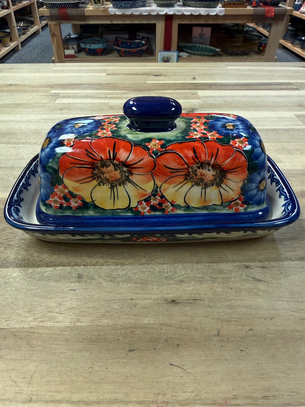 Polish Pottery Butter Dish - Unikat Yellow/Red Poppies