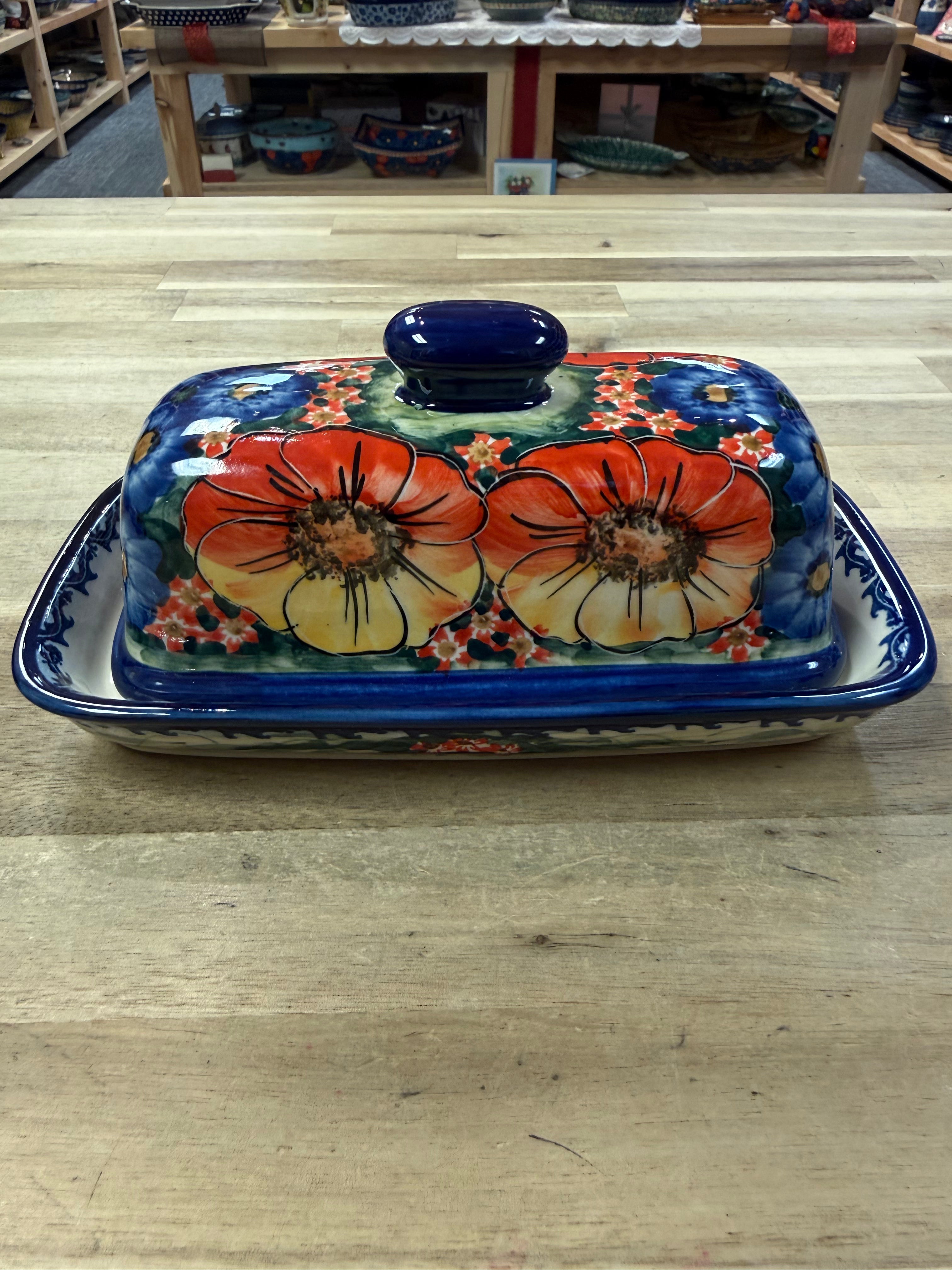 Polish Pottery Butter Dish - Unikat Yellow/Red Poppies