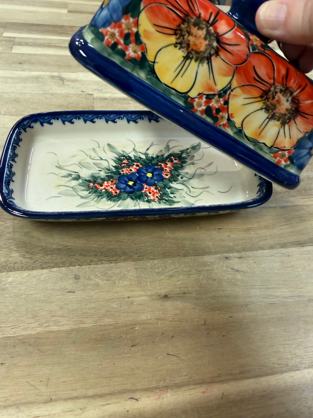 Polish Pottery Butter Dish - Unikat Yellow/Red Poppies