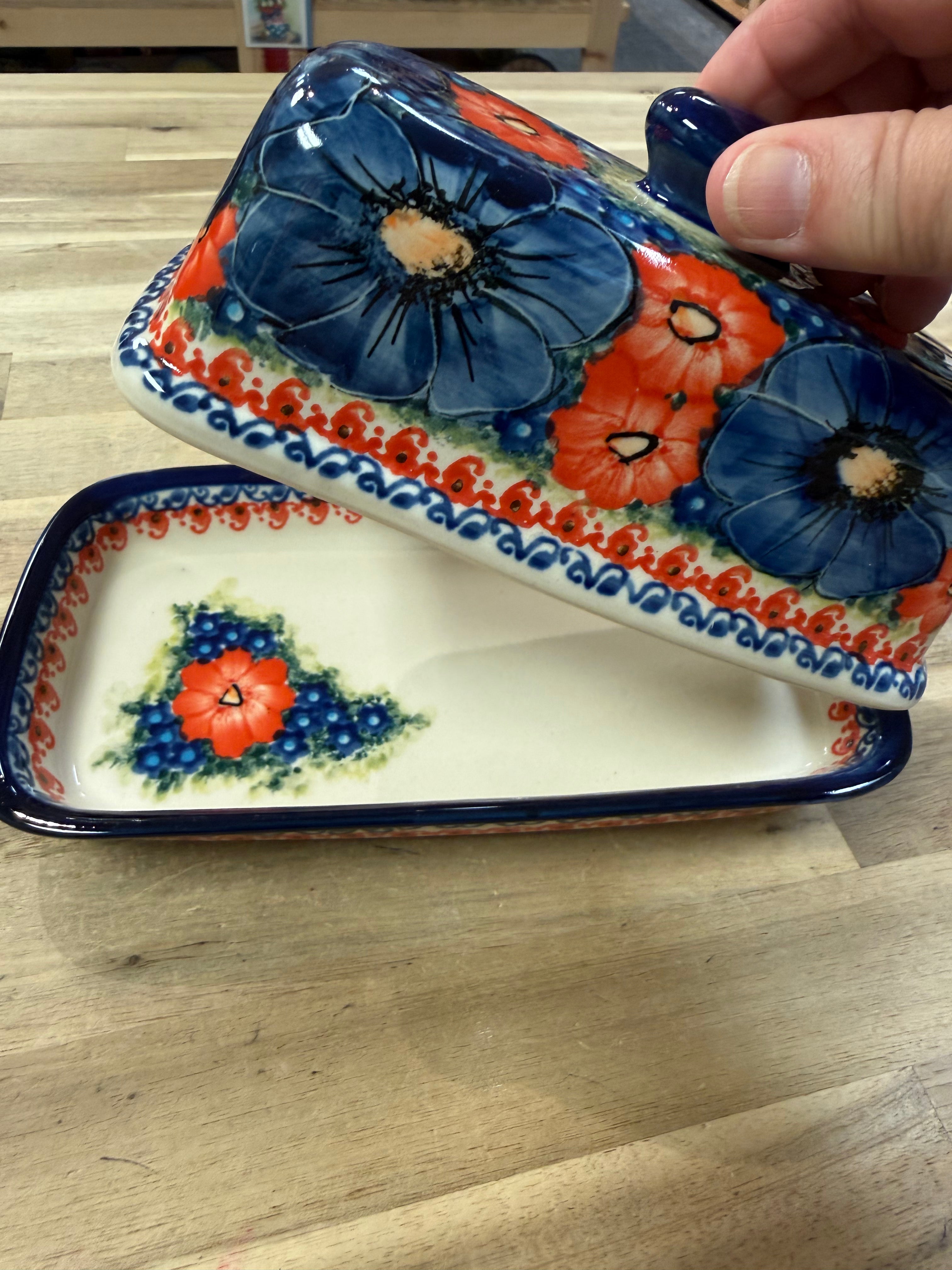Polish Pottery Butter Dish - Unikat Blue Poppies