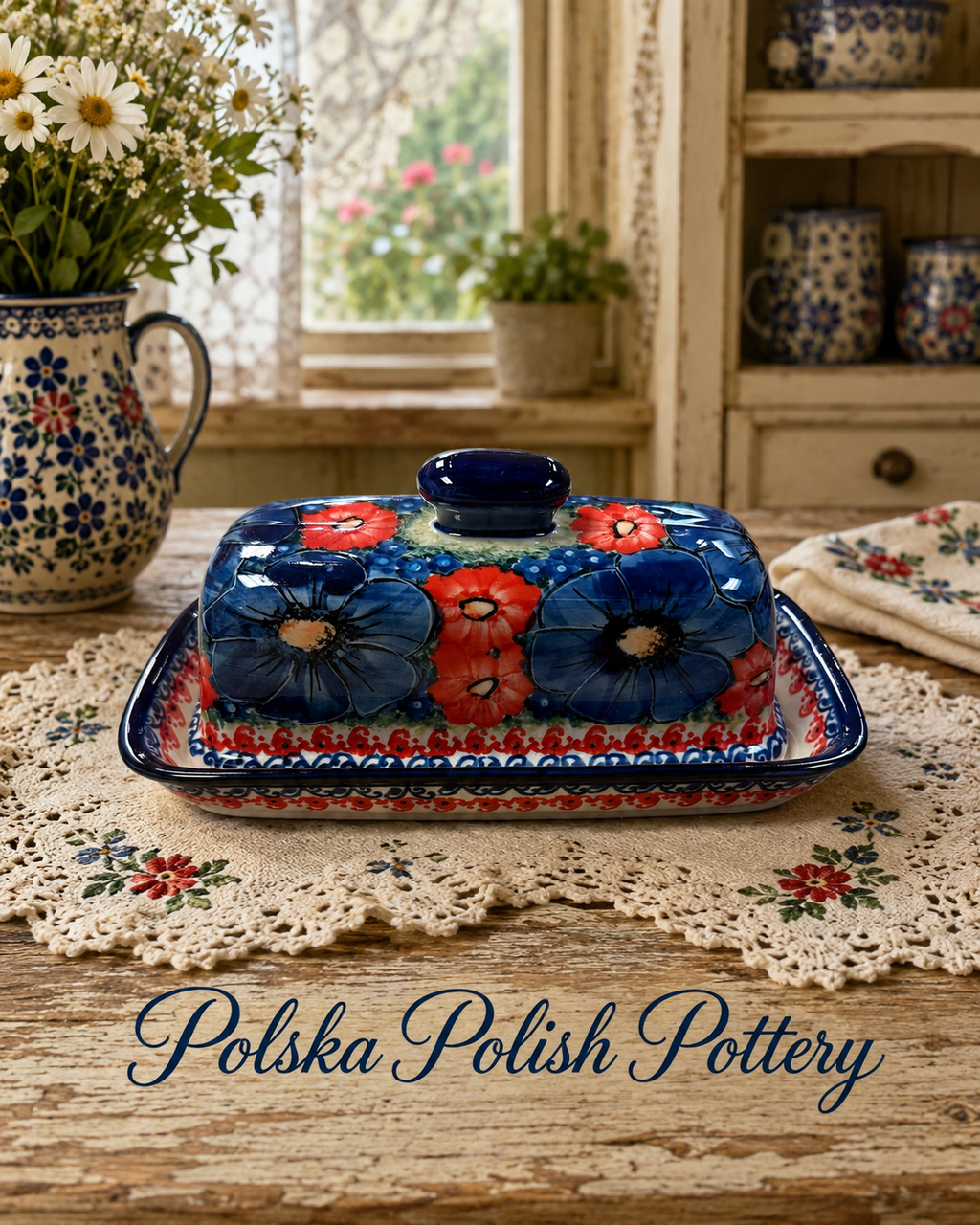 Polish Pottery Butter Dish - Unikat Blue Poppies