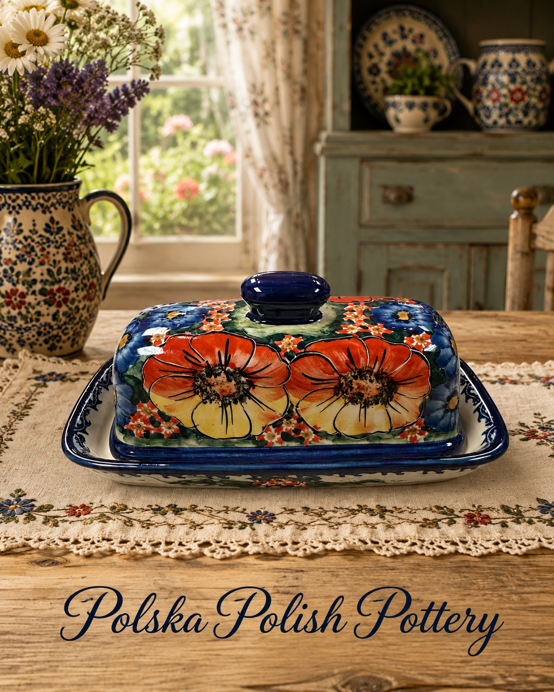 Polish Pottery Butter Dish - Unikat Yellow/Red Poppies