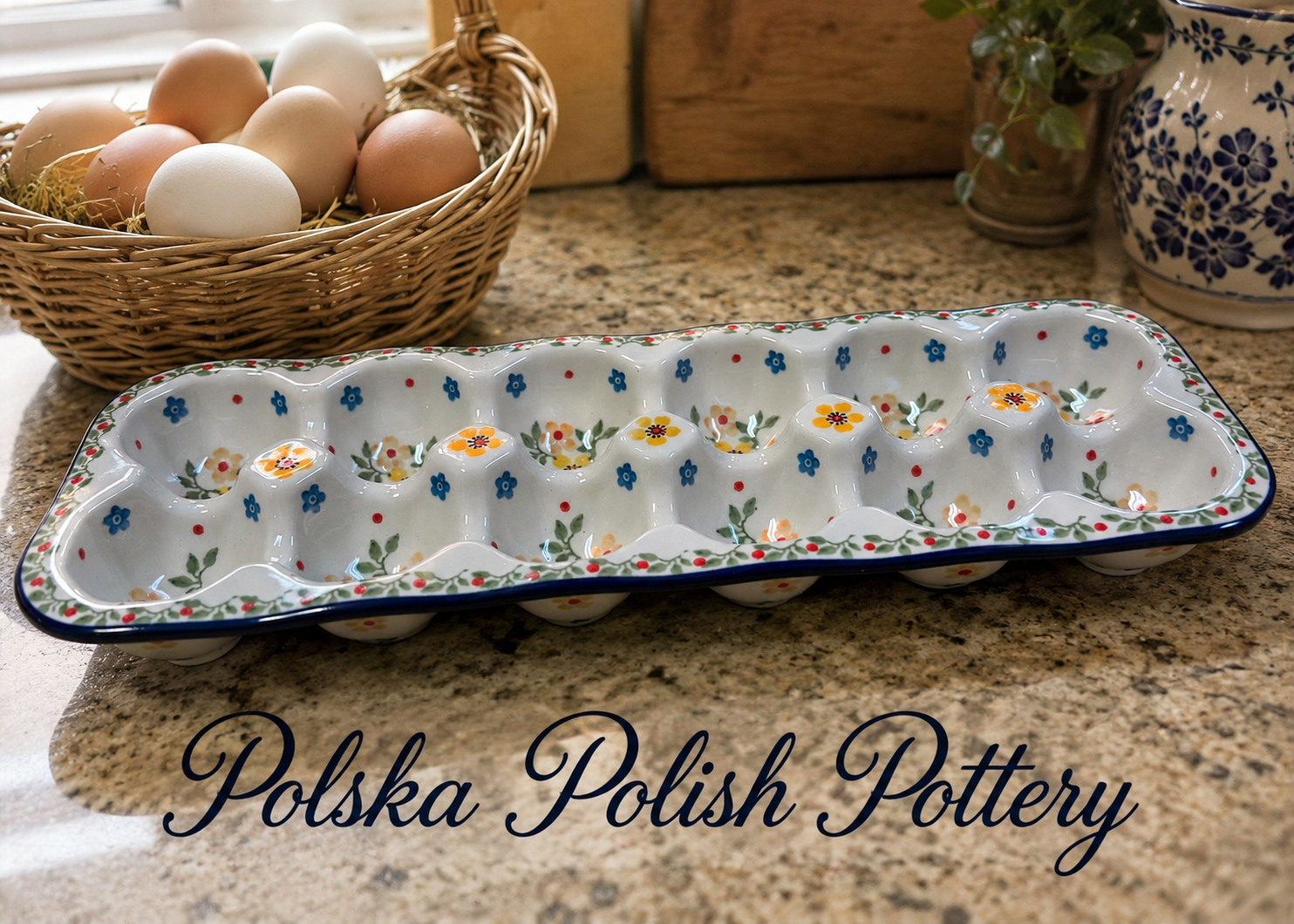 Polish Pottery Egg Crate - Traditional Yellow Flowers