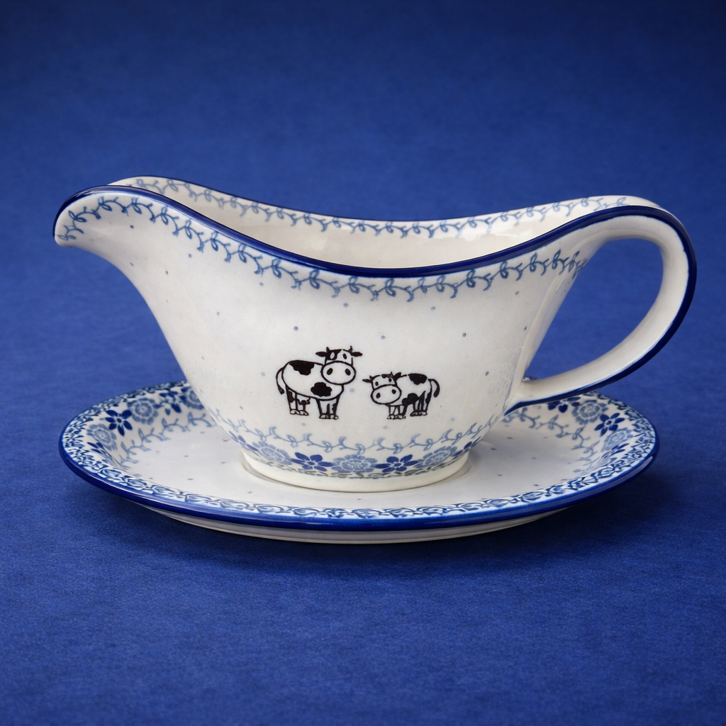 Polish Pottery Traditional Cow Pattern Gravy Boat